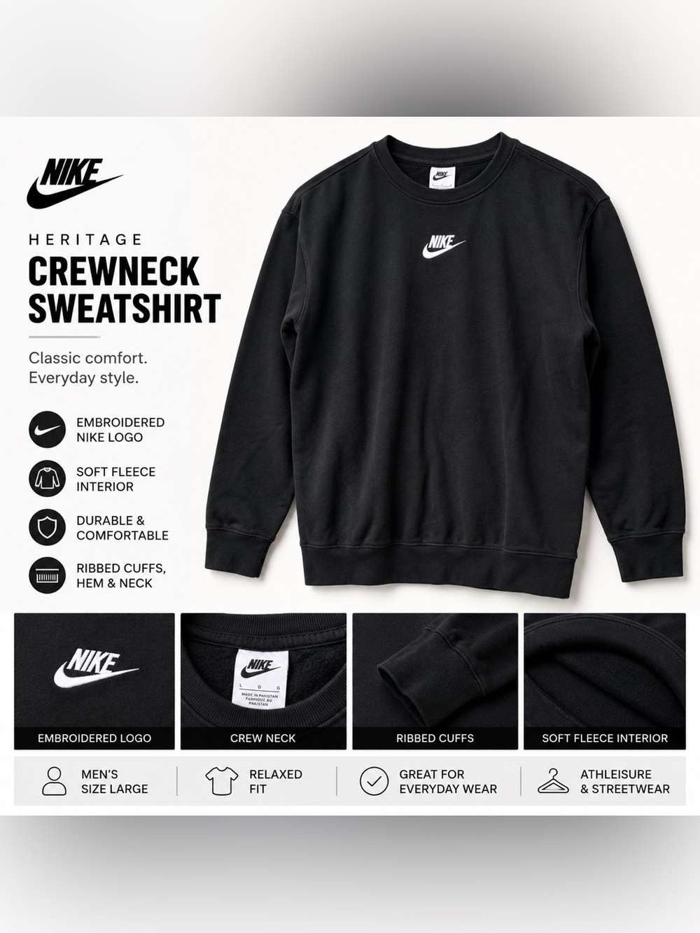 Nike Heritage Crewneck Sweatshirt‎ Men’s Large Black Embroidered Swoosh Pullover